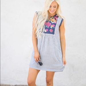 Striped embroidered floral navy dress
